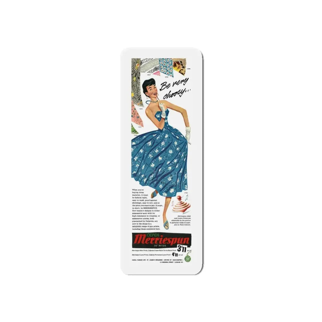 Merriespun Fabrics advertisement, 1955 (Magazine Illustration) Refrigerator Magnet 5 Inch - The Sticker Space