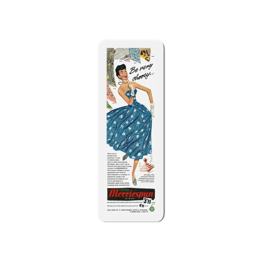 Merriespun Fabrics advertisement, 1955 (Magazine Illustration) Refrigerator Magnet 6 Inch - The Sticker Space