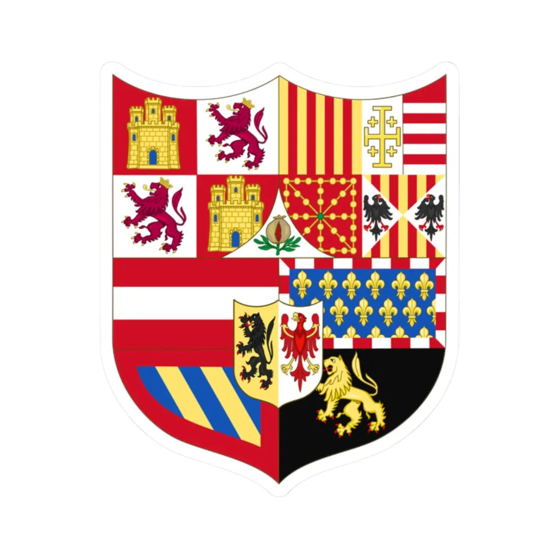 Middle Arms of Charles I of Spain Charles V as Holy Roman Emperor-Middle 1530-1556 (Spain) (Coat of Arms) STICKER Vinyl Kiss-Cut Decal 2 Inch White - The Sticker Space