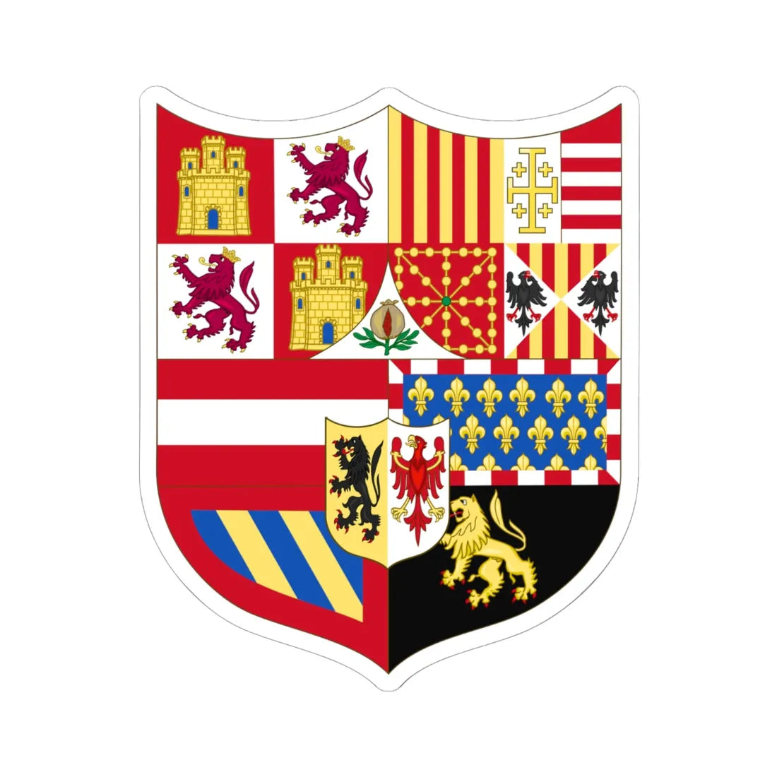 Middle Arms of Charles I of Spain Charles V as Holy Roman Emperor-Middle 1530-1556 (Spain) (Coat of Arms) STICKER Vinyl Kiss-Cut Decal 6 Inch White - The Sticker Space