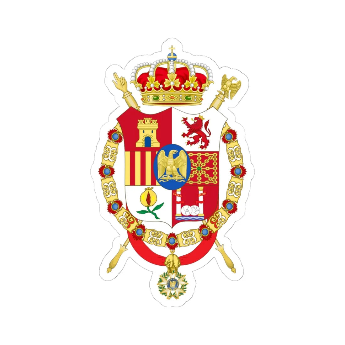 Middle Coat of Arms of Joseph Bonaparte as King of Spain (Spain) (Coat of Arms) STICKER Vinyl Kiss-Cut Decal 4 Inch White - The Sticker Space