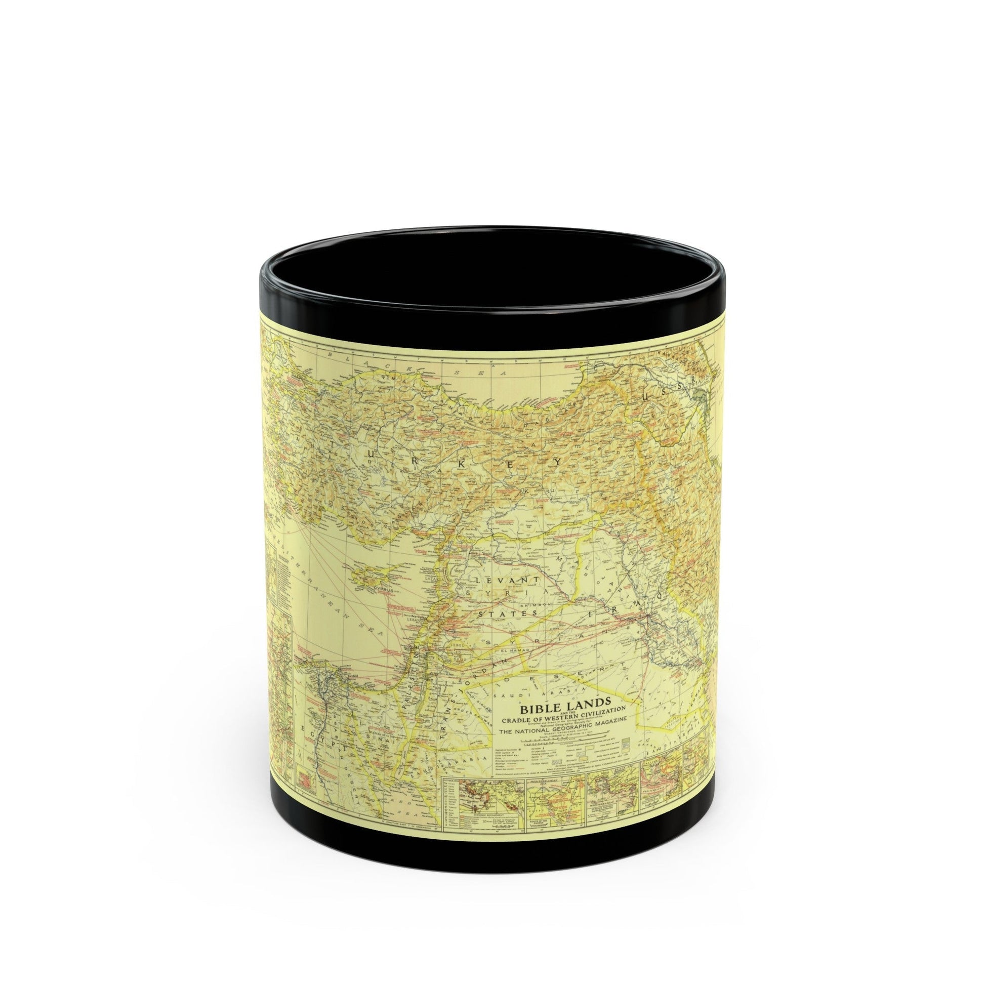 Middle East - Bible Lands and the Cradle of Western Civilization (1938) (Map) Black Coffee Mug-11oz-The Sticker Space