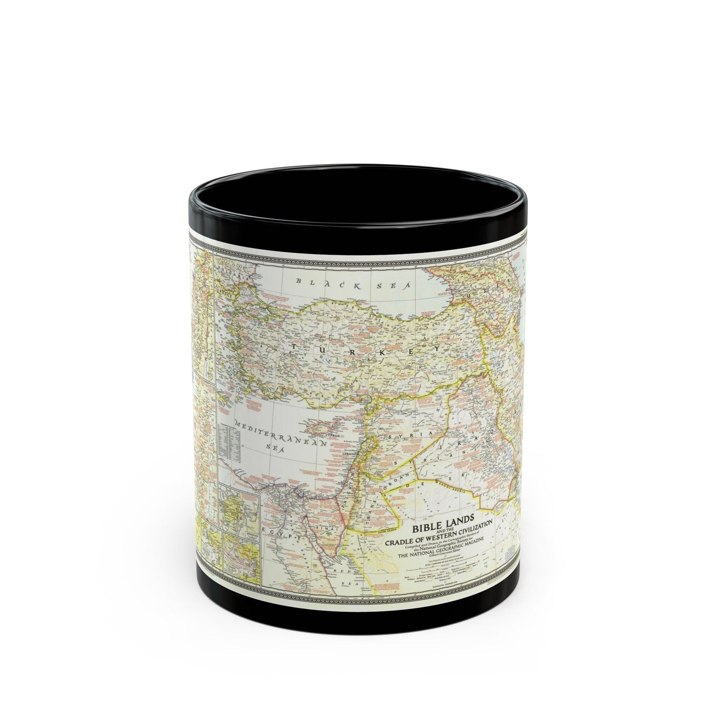 Middle East - Bible Lands and the Cradle of Western Civilization (1946) (Map) Black Coffee Mug-11oz-The Sticker Space