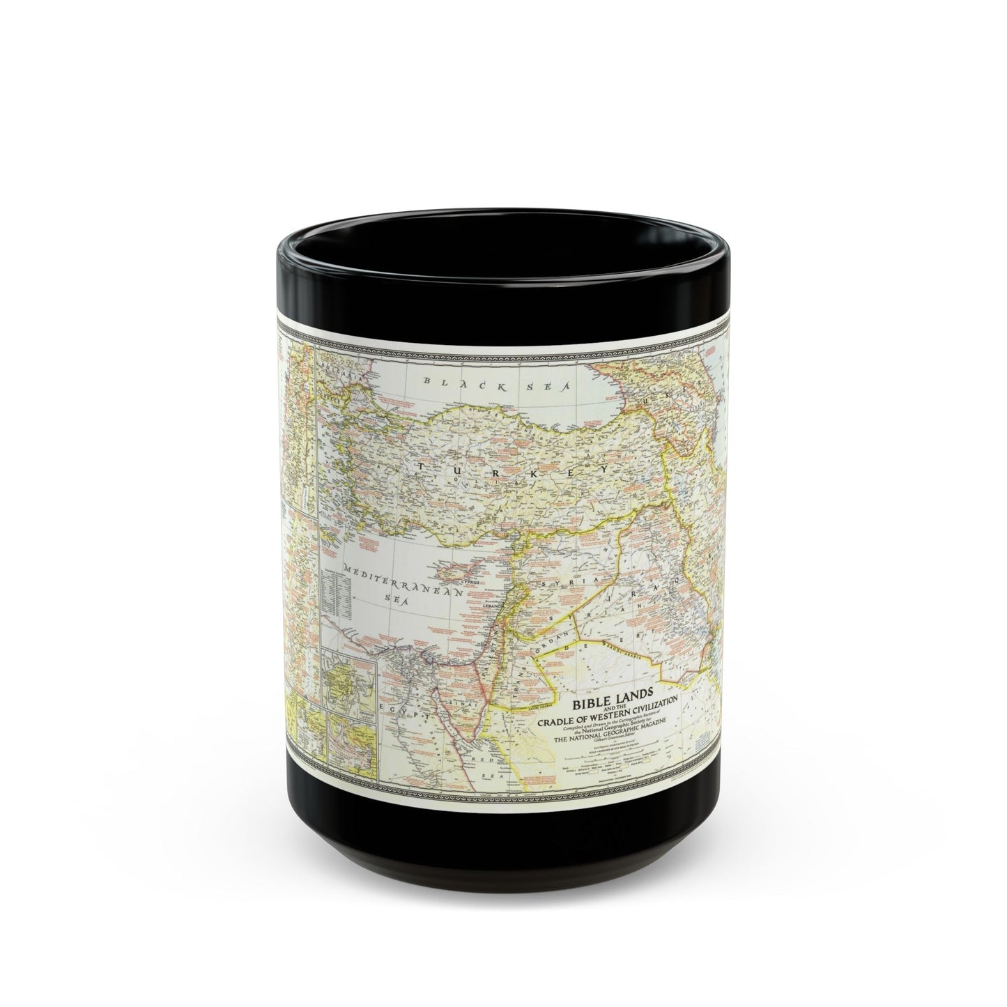 Middle East - Bible Lands and the Cradle of Western Civilization (1946) (Map) Black Coffee Mug-15oz-The Sticker Space