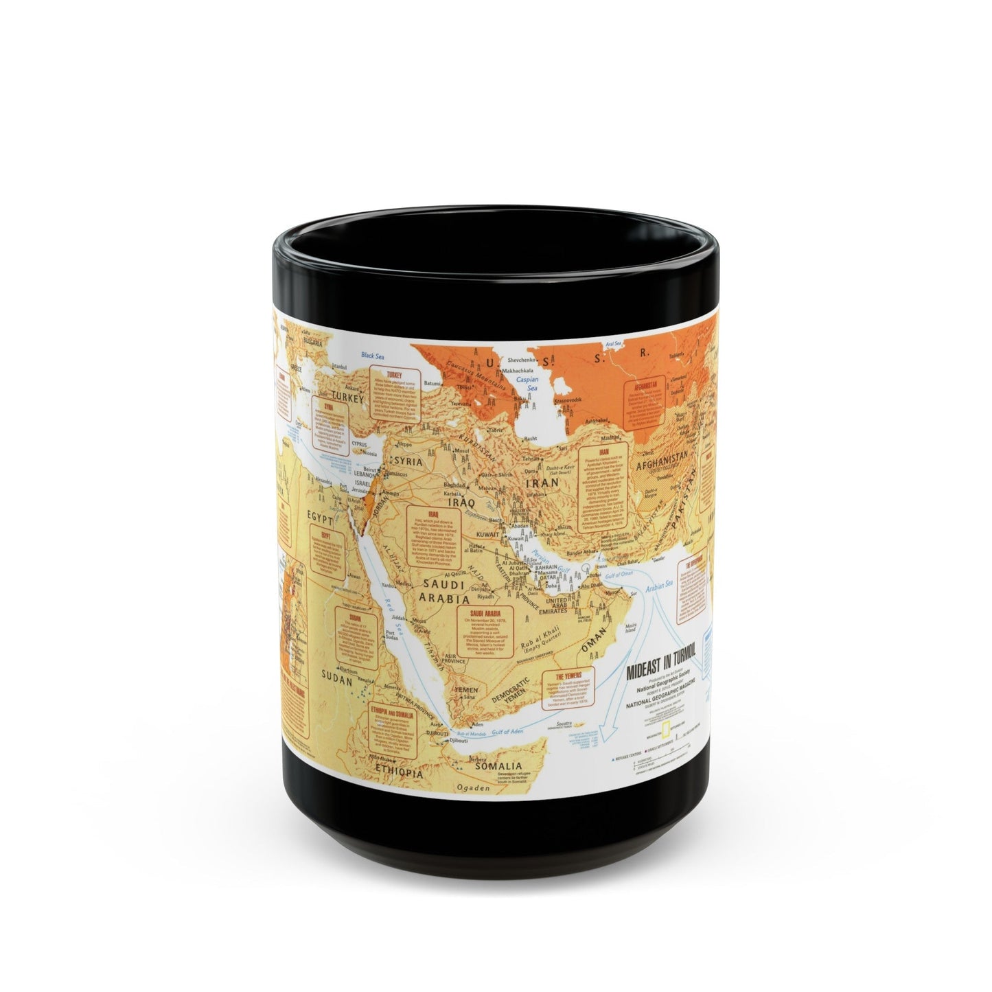 Middle East in Turmoil (1980) (Map) Black Coffee Mug-15oz-The Sticker Space