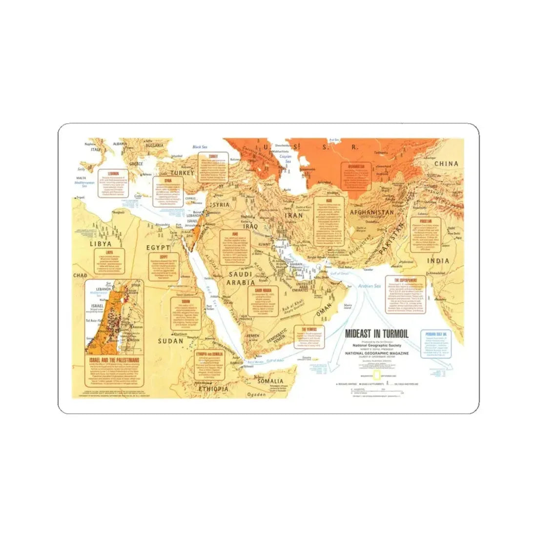 Middle East in Turmoil (1980) (Map) STICKER Vinyl Kiss-Cut Decal 4 Inch White - The Sticker Space