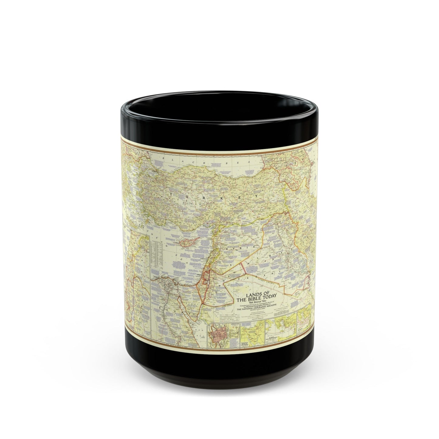 Middle East - Lands of the Bible Today (1956) (Map) Black Coffee Mug-15oz-The Sticker Space