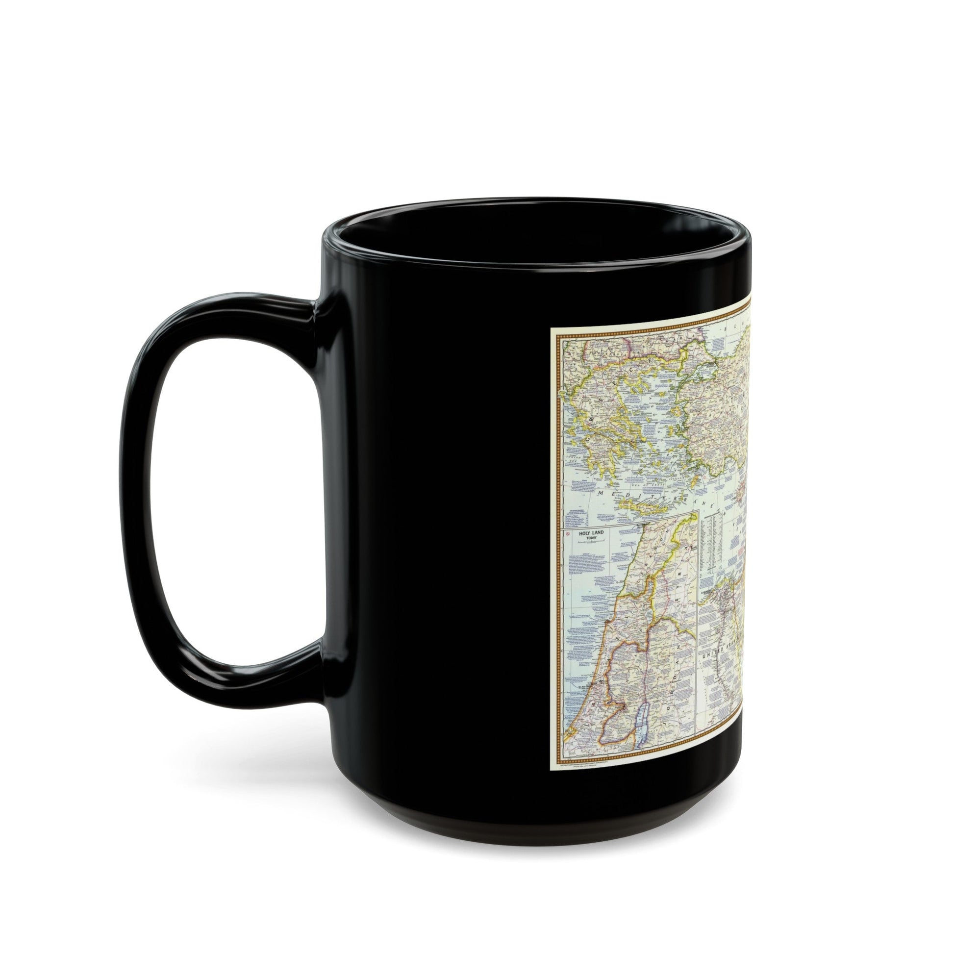 Middle East - Lands of the Bible Today (1967) (Map) Black Coffee Mug-The Sticker Space