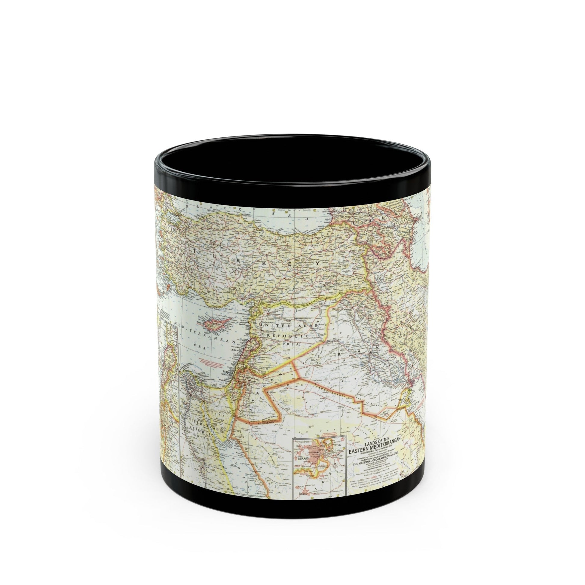 Middle East - The Eastern Mediterranean (1959) (Map) Black Coffee Mug-11oz-The Sticker Space