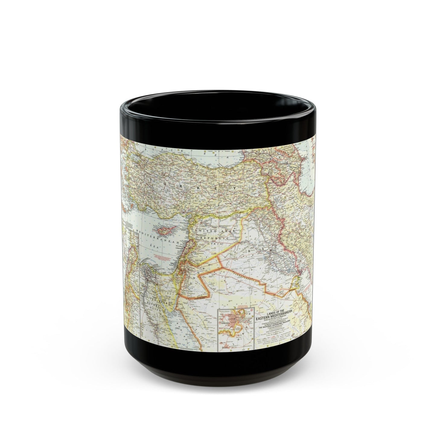 Middle East - The Eastern Mediterranean (1959) (Map) Black Coffee Mug-15oz-The Sticker Space