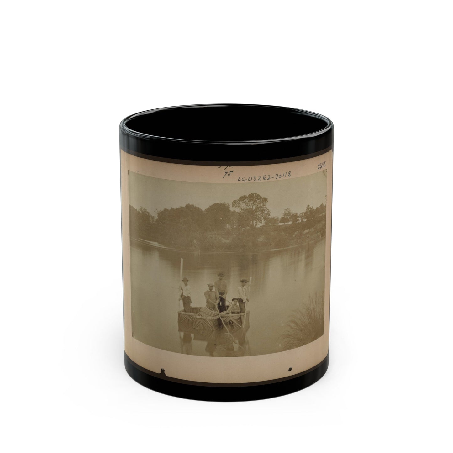 Military Construction In Northern Virginia Five Men In Three Blanket Boats Strapped Together On The Potomac River (U.S. Civil War) Black Coffee Mug-11oz-The Sticker Space