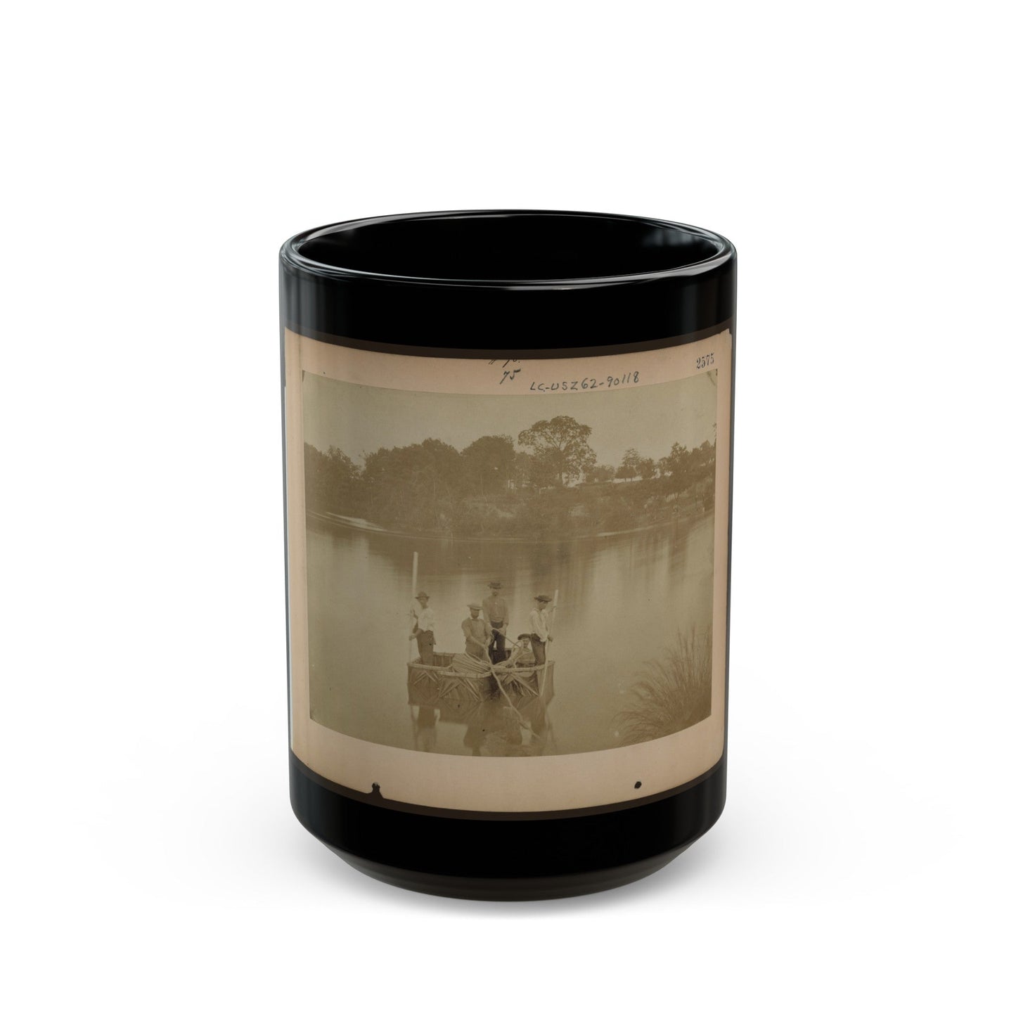 Military Construction In Northern Virginia Five Men In Three Blanket Boats Strapped Together On The Potomac River (U.S. Civil War) Black Coffee Mug-15oz-The Sticker Space