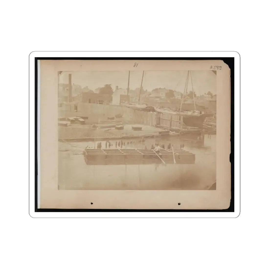 Military Construction in Northern Virginia  Man Rowing Raft of Blanket Boats on the Potomac River (U.S. Civil War) STICKER Vinyl Kiss-Cut Decal 3 Inch White - The Sticker Space