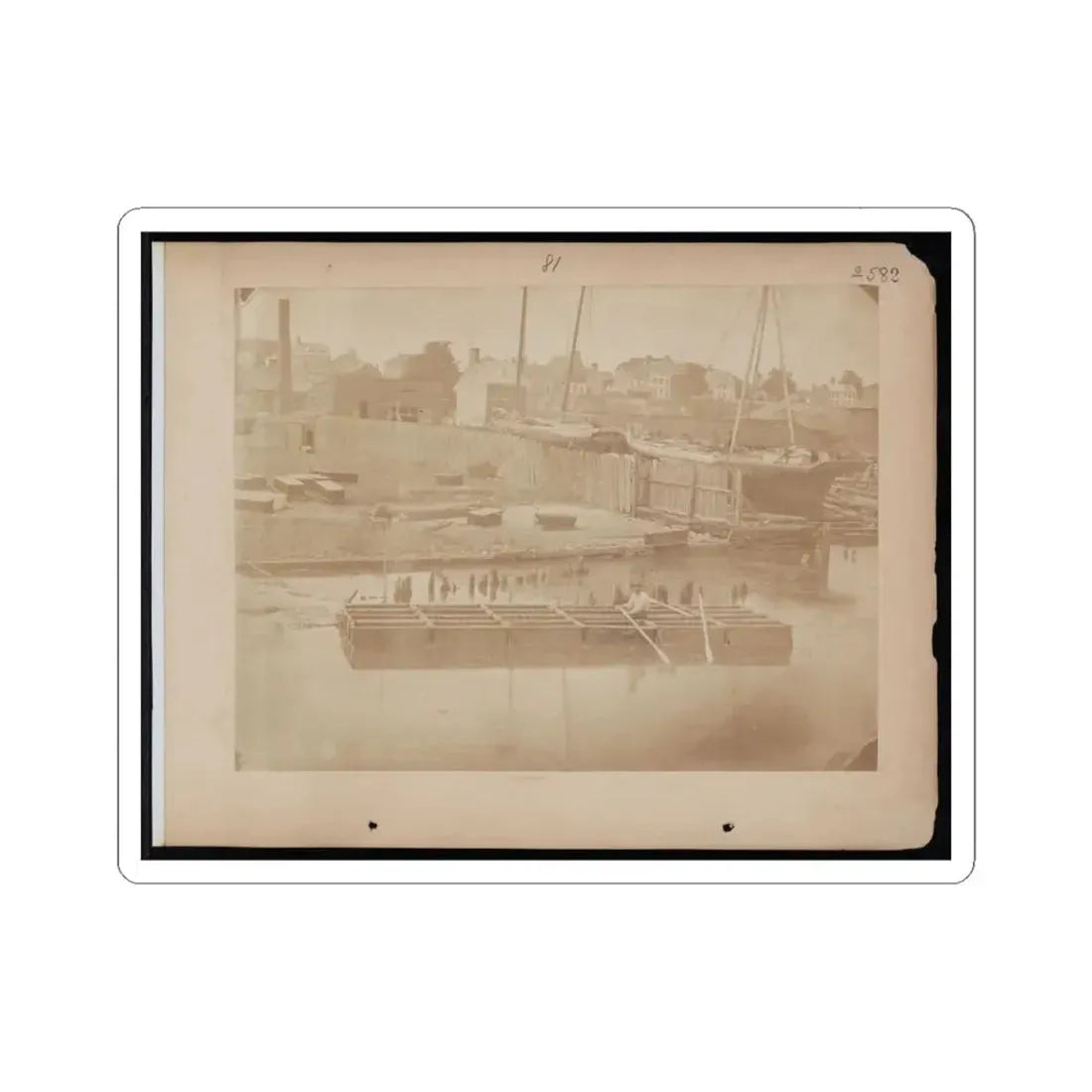 Military Construction in Northern Virginia  Man Rowing Raft of Blanket Boats on the Potomac River (U.S. Civil War) STICKER Vinyl Kiss-Cut Decal 4 Inch White - The Sticker Space