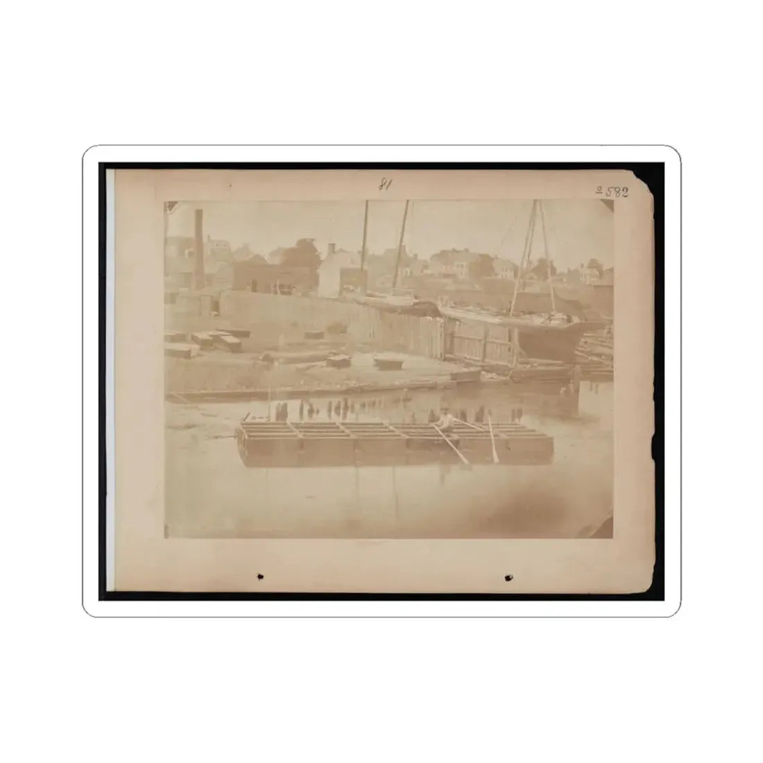 Military Construction in Northern Virginia  Man Rowing Raft of Blanket Boats on the Potomac River (U.S. Civil War) STICKER Vinyl Kiss-Cut Decal 6 Inch White - The Sticker Space