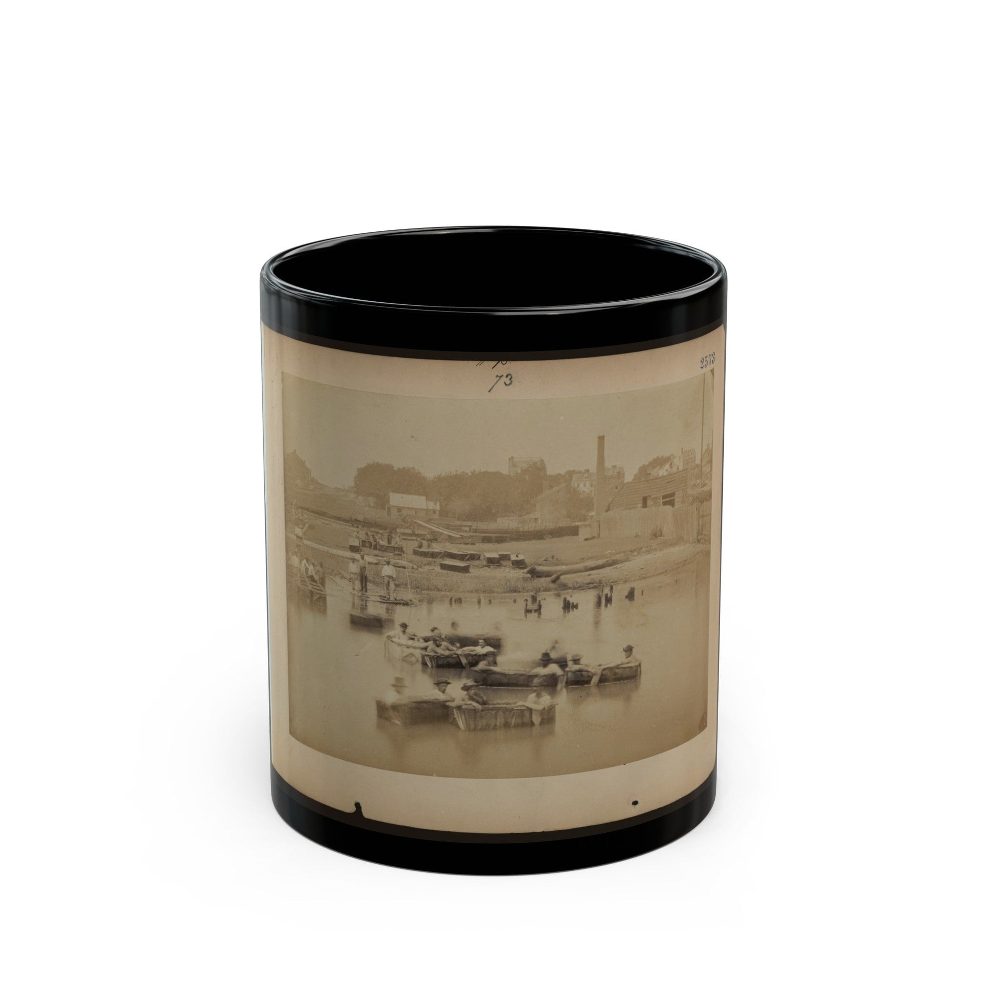 Military Construction In Northern Virginia Men Sitting In Blanket Boats On The Potomac River (U.S. Civil War) Black Coffee Mug-11oz-The Sticker Space