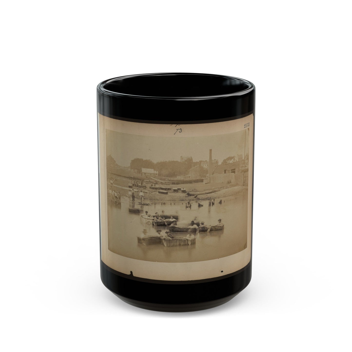 Military Construction In Northern Virginia Men Sitting In Blanket Boats On The Potomac River (U.S. Civil War) Black Coffee Mug-15oz-The Sticker Space