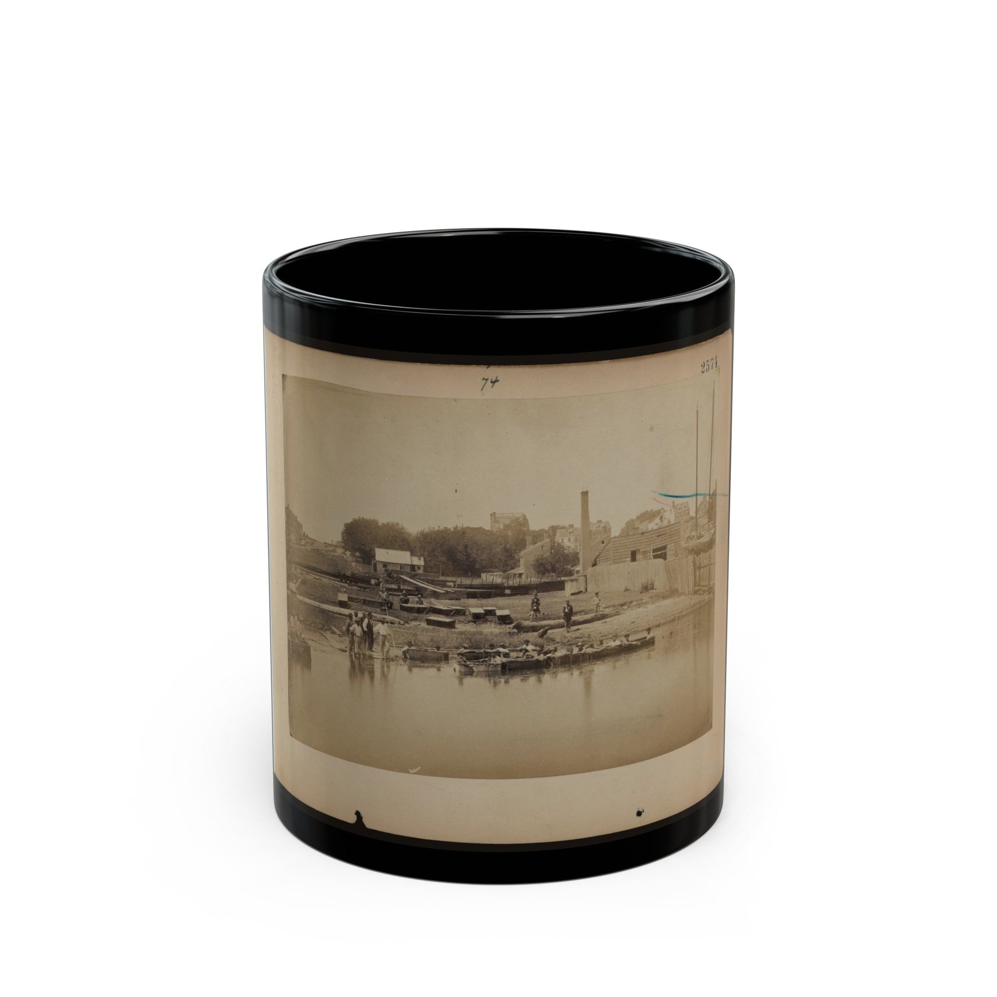 Military Construction In Northern Virginia Men Sitting In Blanket Boats Strapped Together On The Potomac River (U.S. Civil War) Black Coffee Mug-11oz-The Sticker Space