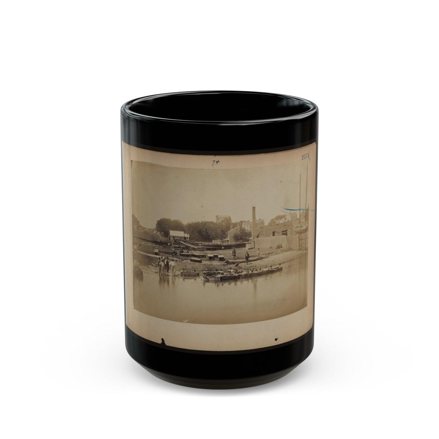 Military Construction In Northern Virginia Men Sitting In Blanket Boats Strapped Together On The Potomac River (U.S. Civil War) Black Coffee Mug-15oz-The Sticker Space