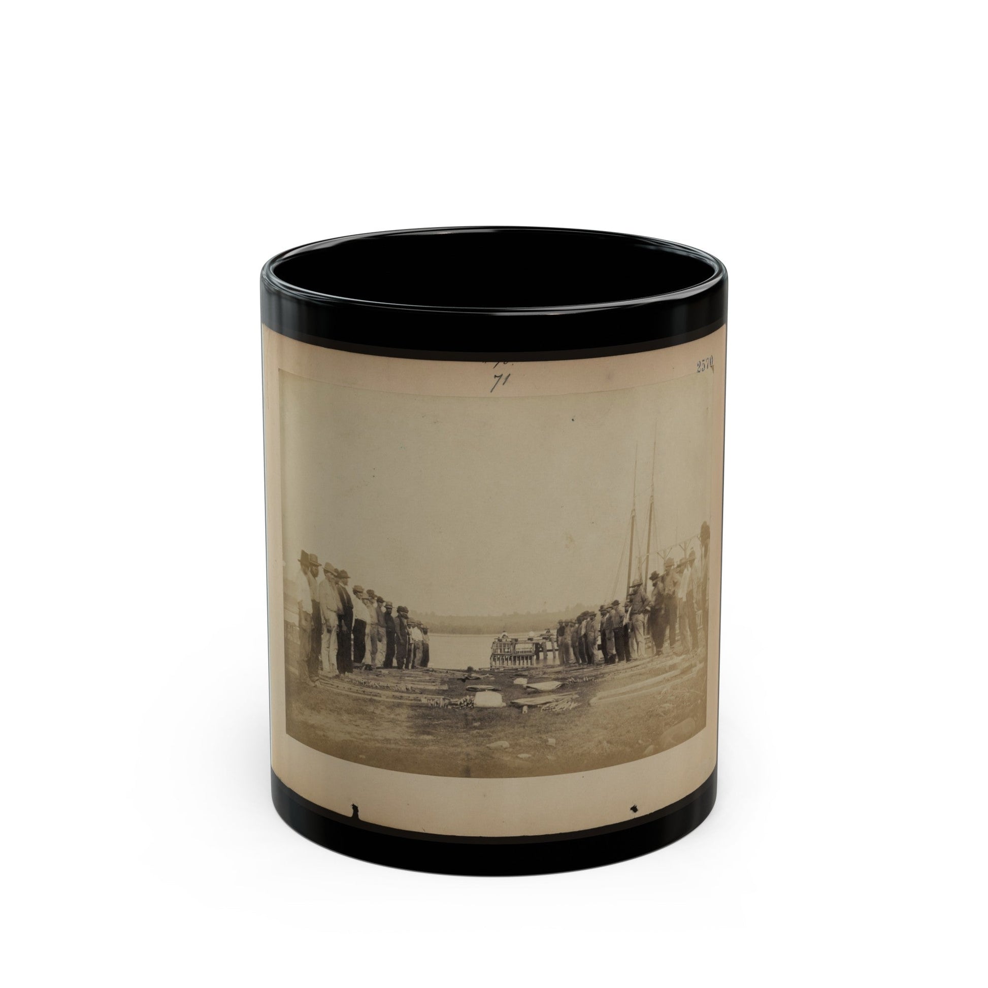 Military Construction In Northern Virginia Men Standing On Potomac River Bank With Blanket Boat Frames Not Yet Assembled (U.S. Civil War) Black Coffee Mug-11oz-The Sticker Space