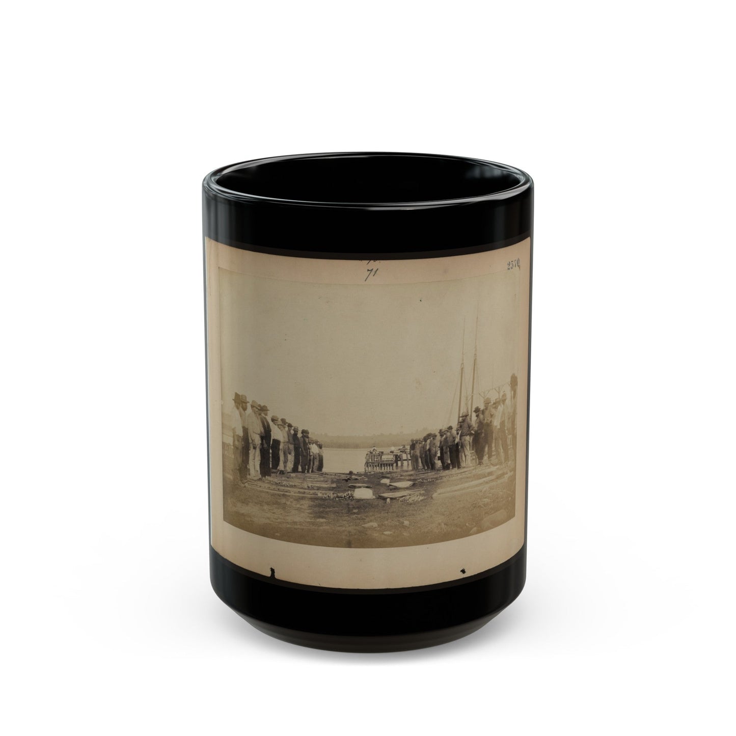 Military Construction In Northern Virginia Men Standing On Potomac River Bank With Blanket Boat Frames Not Yet Assembled (U.S. Civil War) Black Coffee Mug-15oz-The Sticker Space