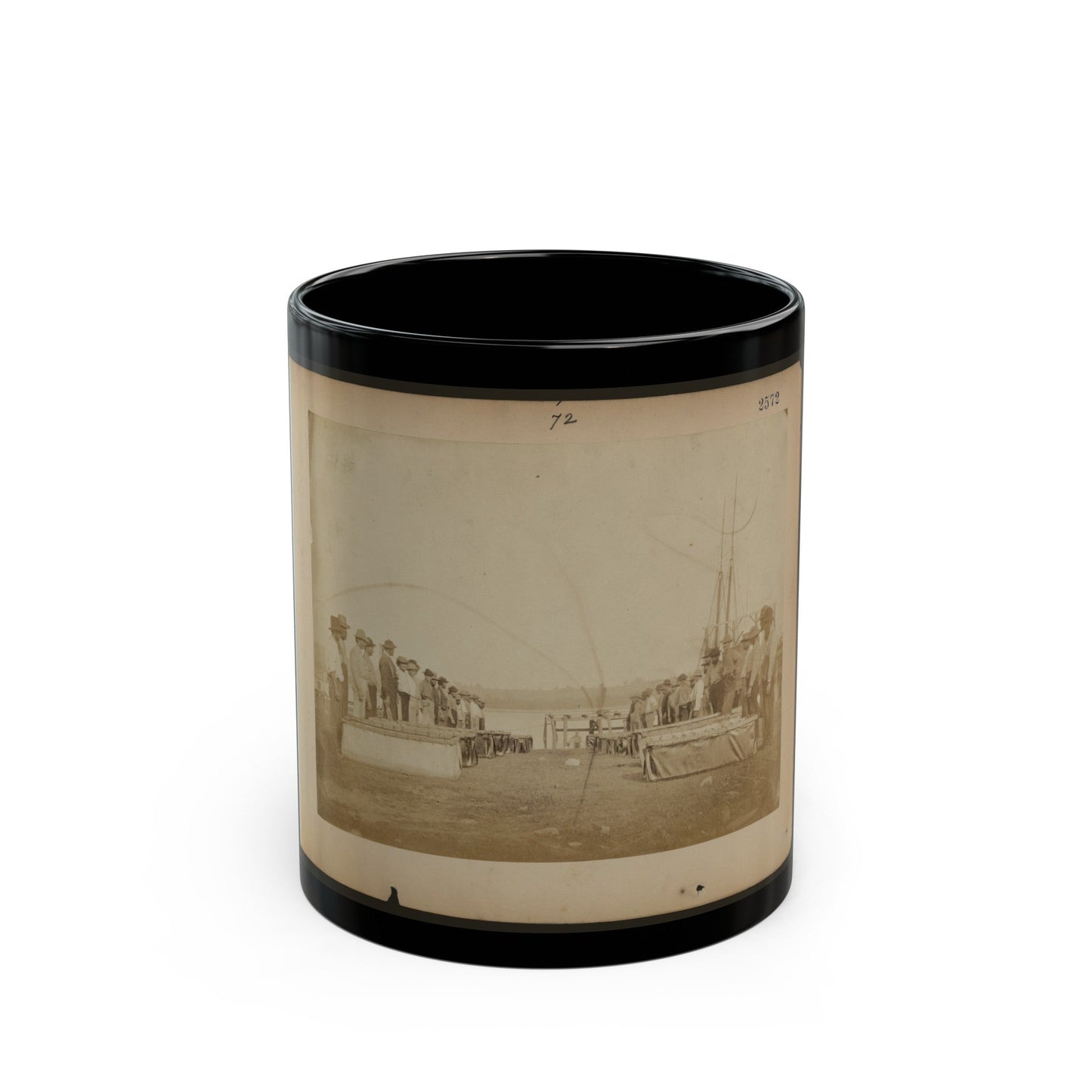 Military Construction In Northern Virginia Men Standing On The Potomac River Bank With Assembled Blanket Boats (U.S. Civil War) Black Coffee Mug-11oz-The Sticker Space