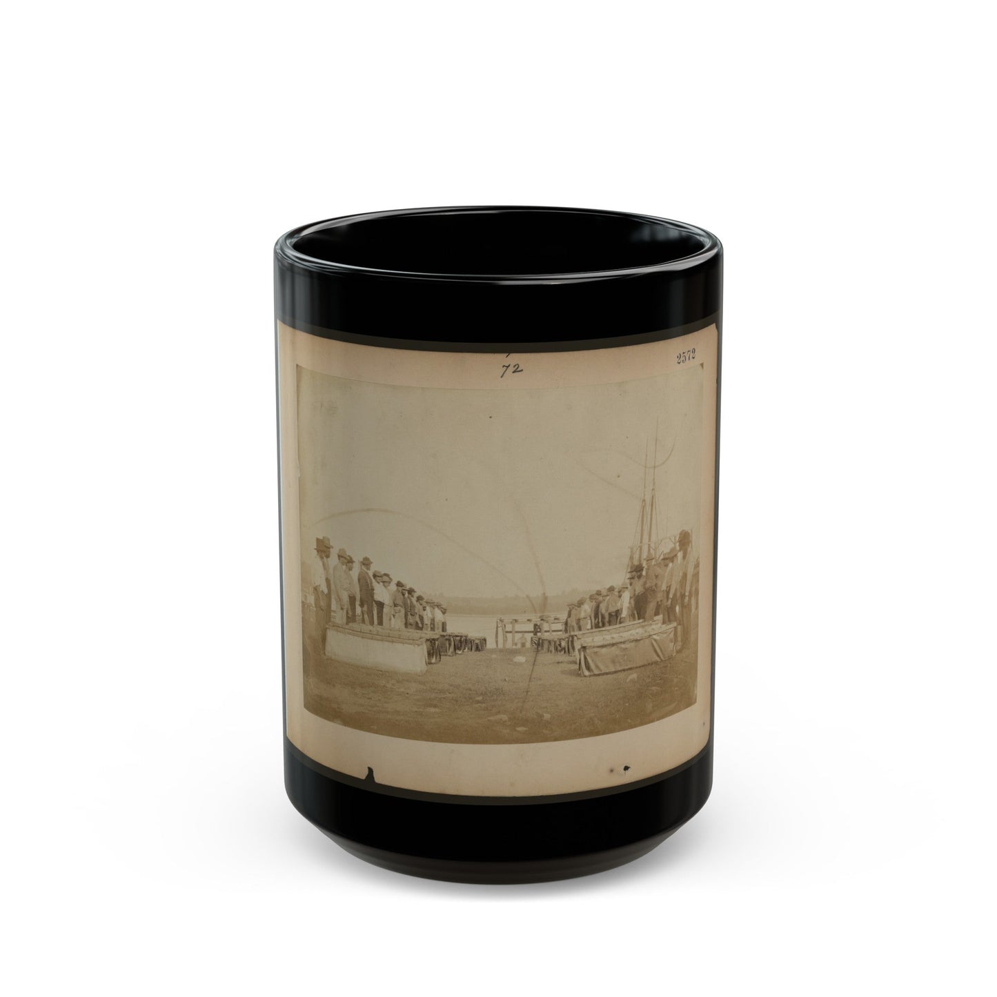 Military Construction In Northern Virginia Men Standing On The Potomac River Bank With Assembled Blanket Boats (U.S. Civil War) Black Coffee Mug-15oz-The Sticker Space