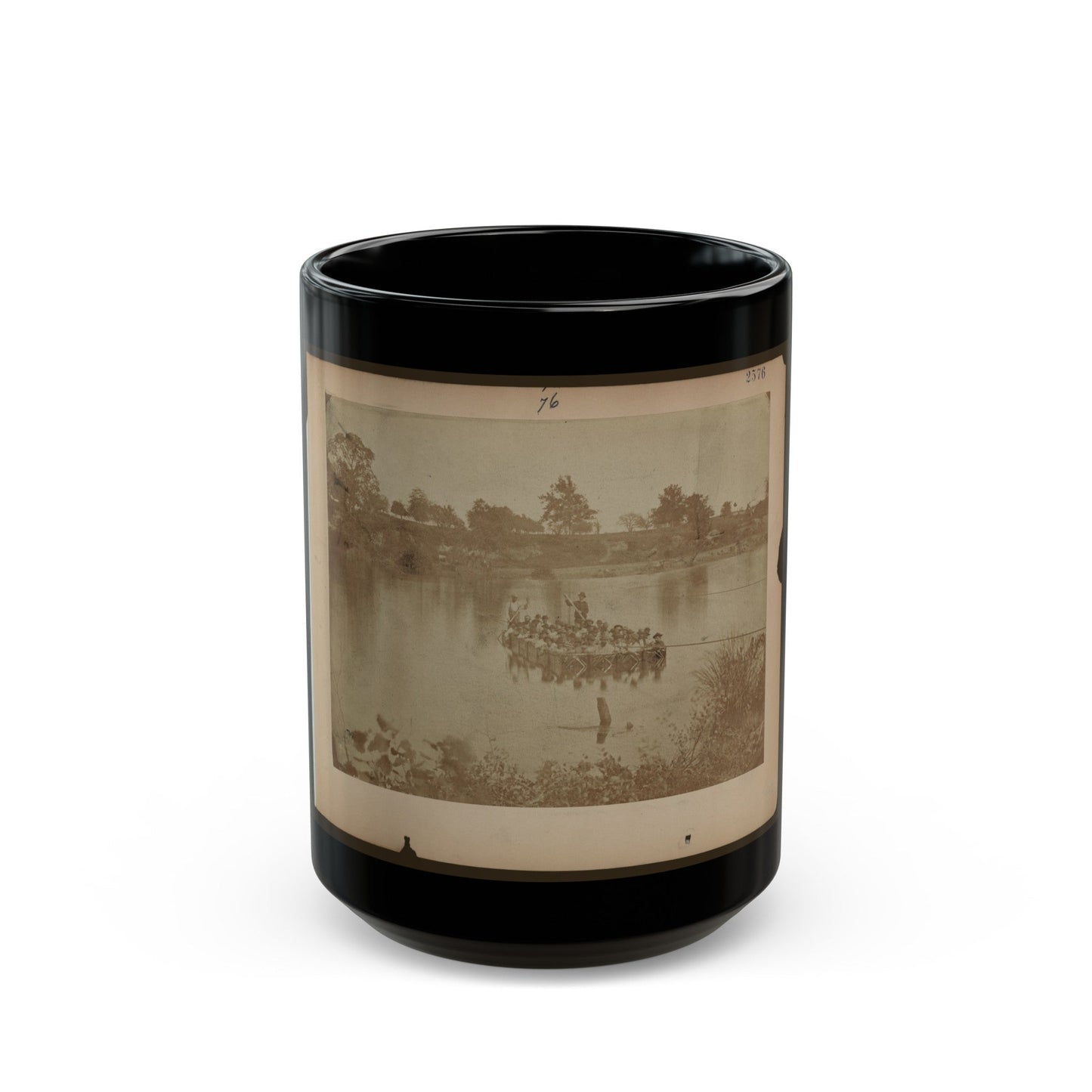 Military Construction In Northern Virginia Raft Of Blanket Boats Ferrying Men Across The Potomac River (U.S. Civil War) Black Coffee Mug-15oz-The Sticker Space