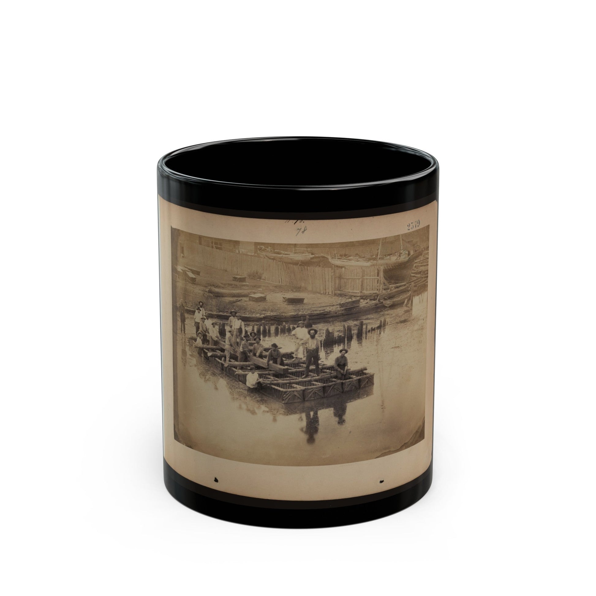 Military Construction In Northern Virginia Raft Of Blanket Boats Ferrying Men And Timber Across The Potomac River (U.S. Civil War) Black Coffee Mug-11oz-The Sticker Space