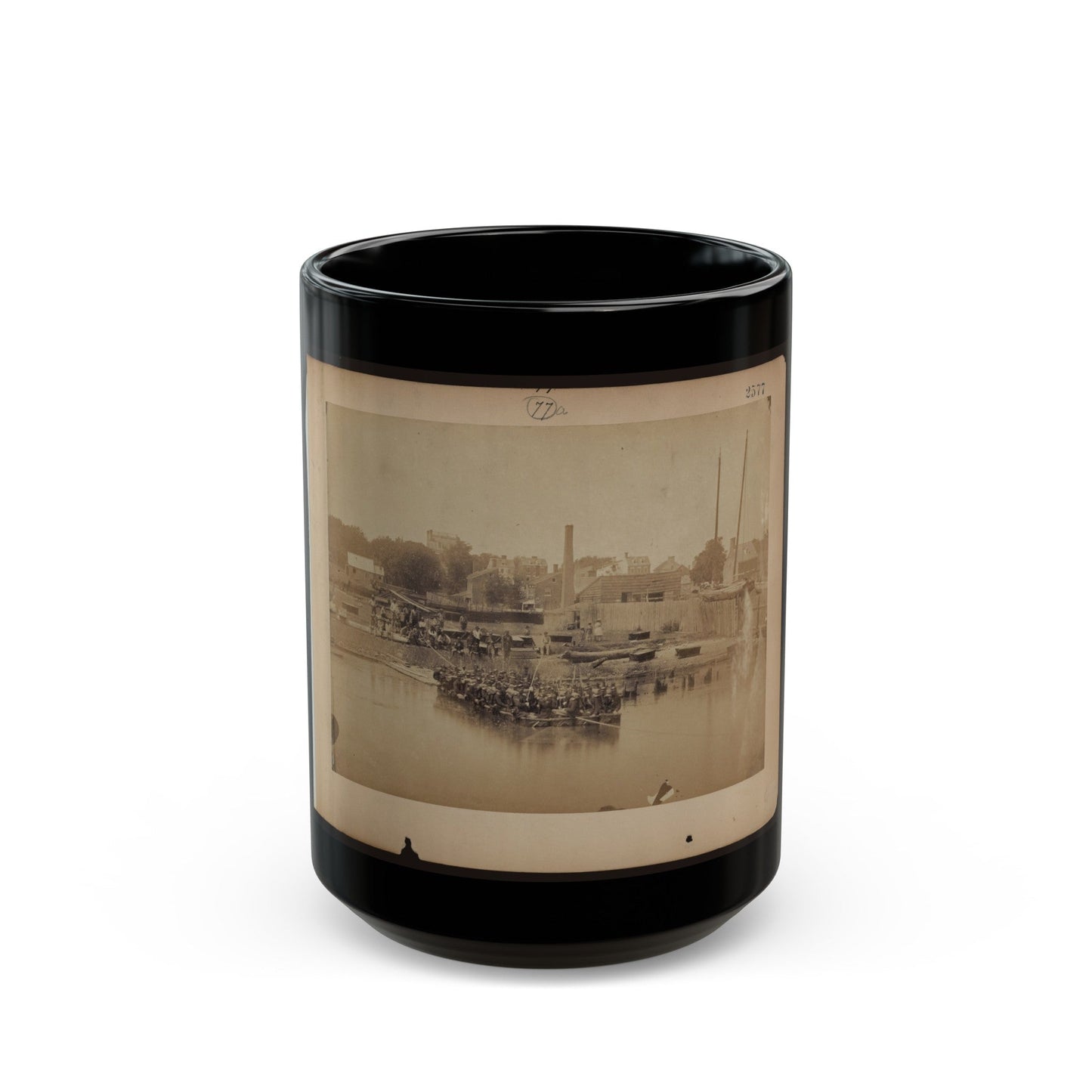 Military Construction In Northern Virginia Raft Of Blanket Boats Ferrying Soldiers Across The Potomac River (U.S. Civil War) Black Coffee Mug-15oz-The Sticker Space