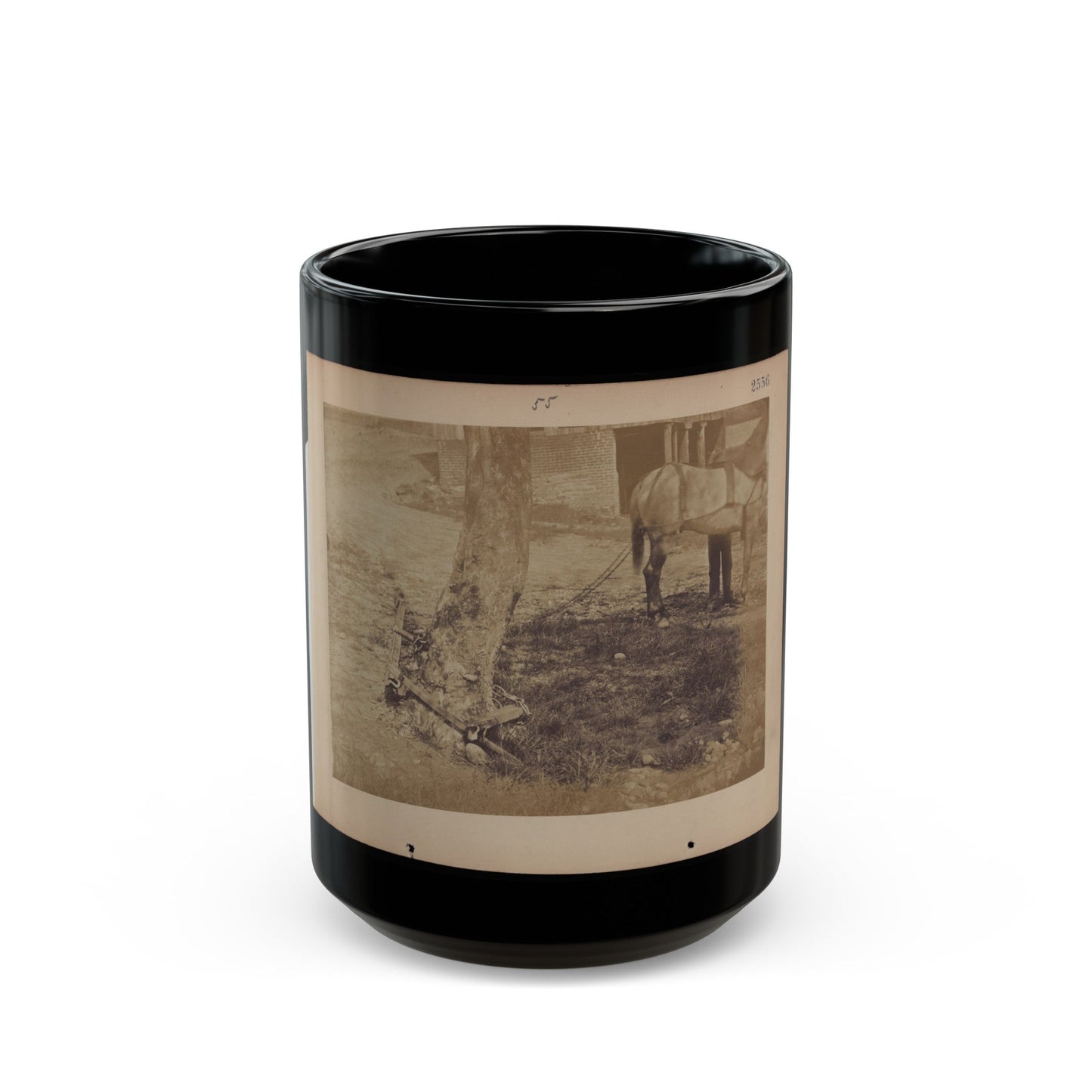 Military Railroad Operations In Northern Virginia Pieces Of Rail And Wood Chained Around A Tree (U.S. Civil War) Black Coffee Mug-15oz-The Sticker Space