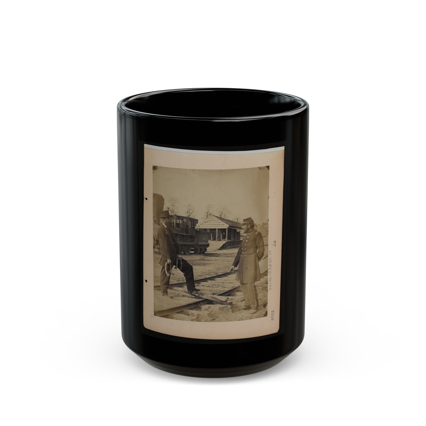 Military Railroad Operations In Northern Virginia Soldier And Another Man Standing At Railroad Tracks In Front Of Locomotive (U.S. Civil War) Black Coffee Mug-15oz-The Sticker Space