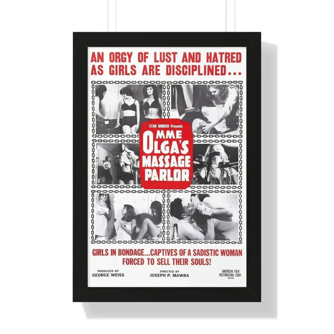 MME OLGA'S MASSAGE PARLOR 1965 - Framed Movie Poster 16″ x 24″ Black - The Sticker Space