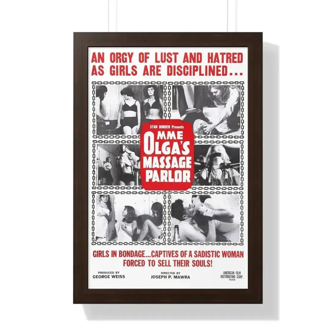 MME OLGA'S MASSAGE PARLOR 1965 - Framed Movie Poster 16″ x 24″ Walnut - The Sticker Space