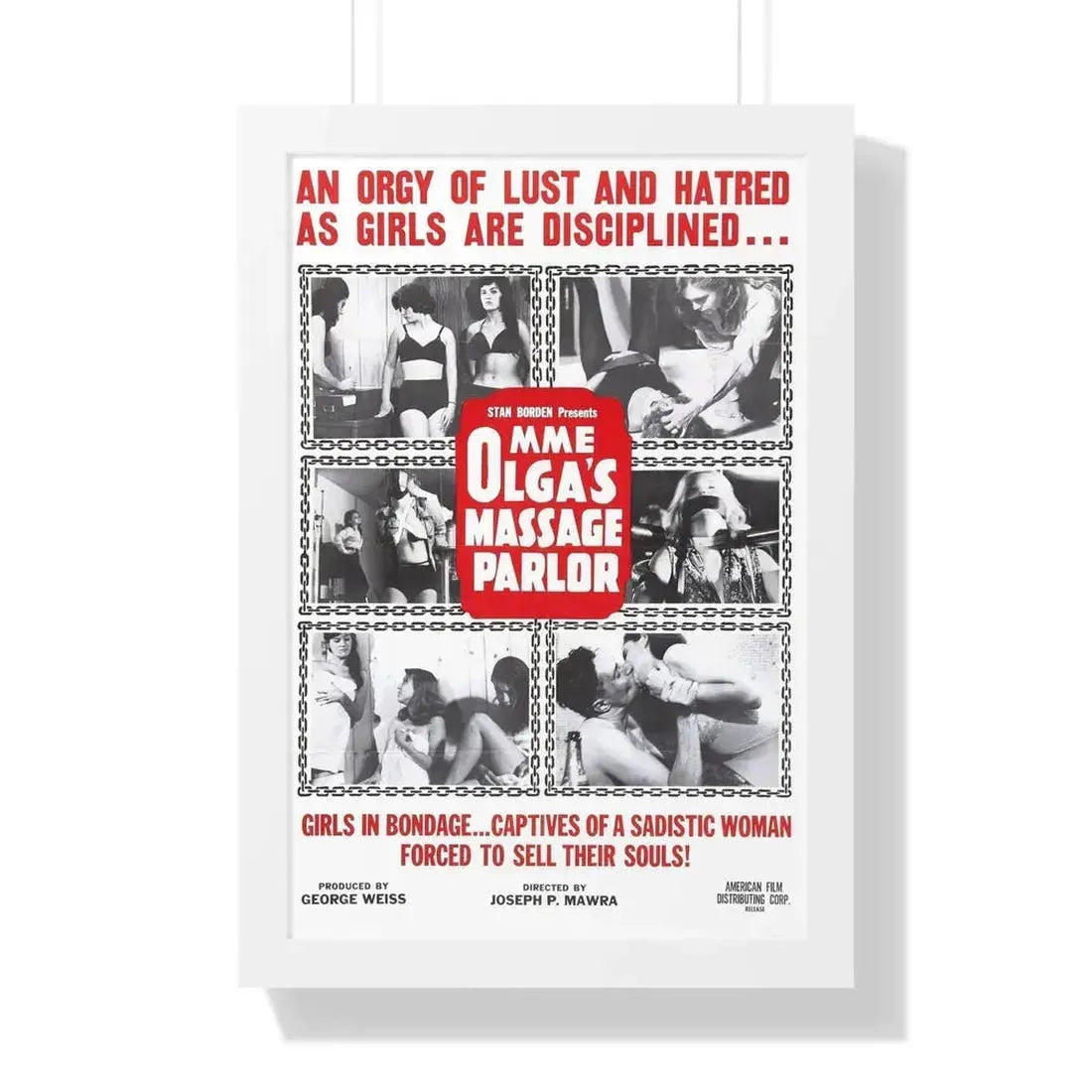 MME OLGA'S MASSAGE PARLOR 1965 - Framed Movie Poster 16″ x 24″ White - The Sticker Space