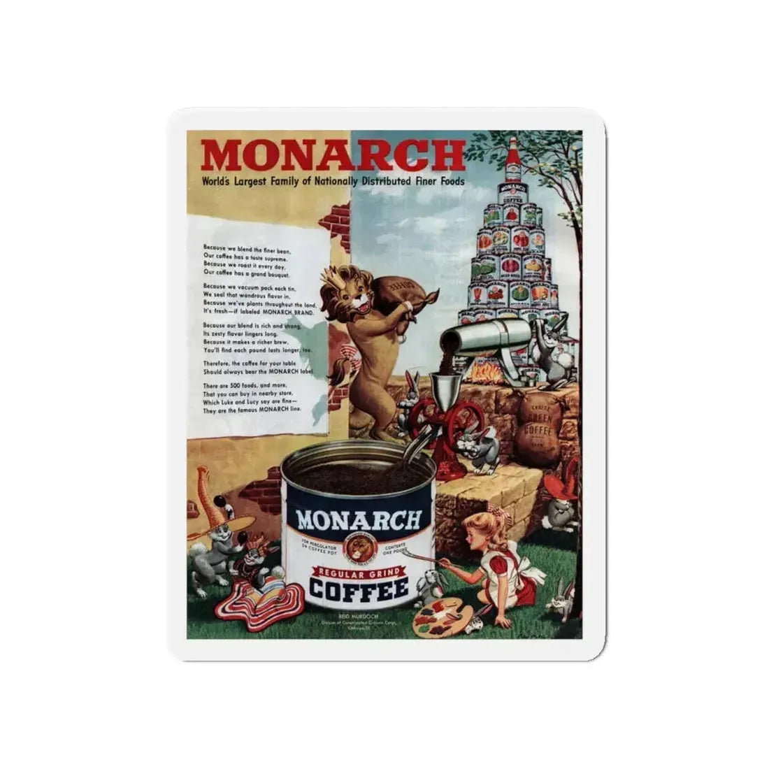 Monarch Coffee ad, Collier's, April 23, 1949 (Magazine Illustration) Refrigerator Magnet 4 Inch - The Sticker Space
