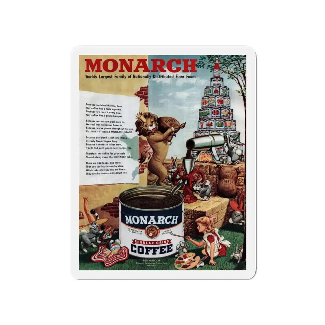 Monarch Coffee ad, Collier's, April 23, 1949 (Magazine Illustration) Refrigerator Magnet - The Sticker Space