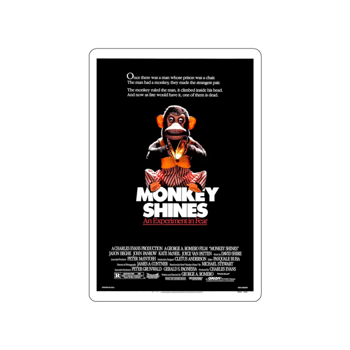 MONKEY SHINES 1988 Movie Poster STICKER Vinyl Die-Cut Decal-4 Inch-The Sticker Space