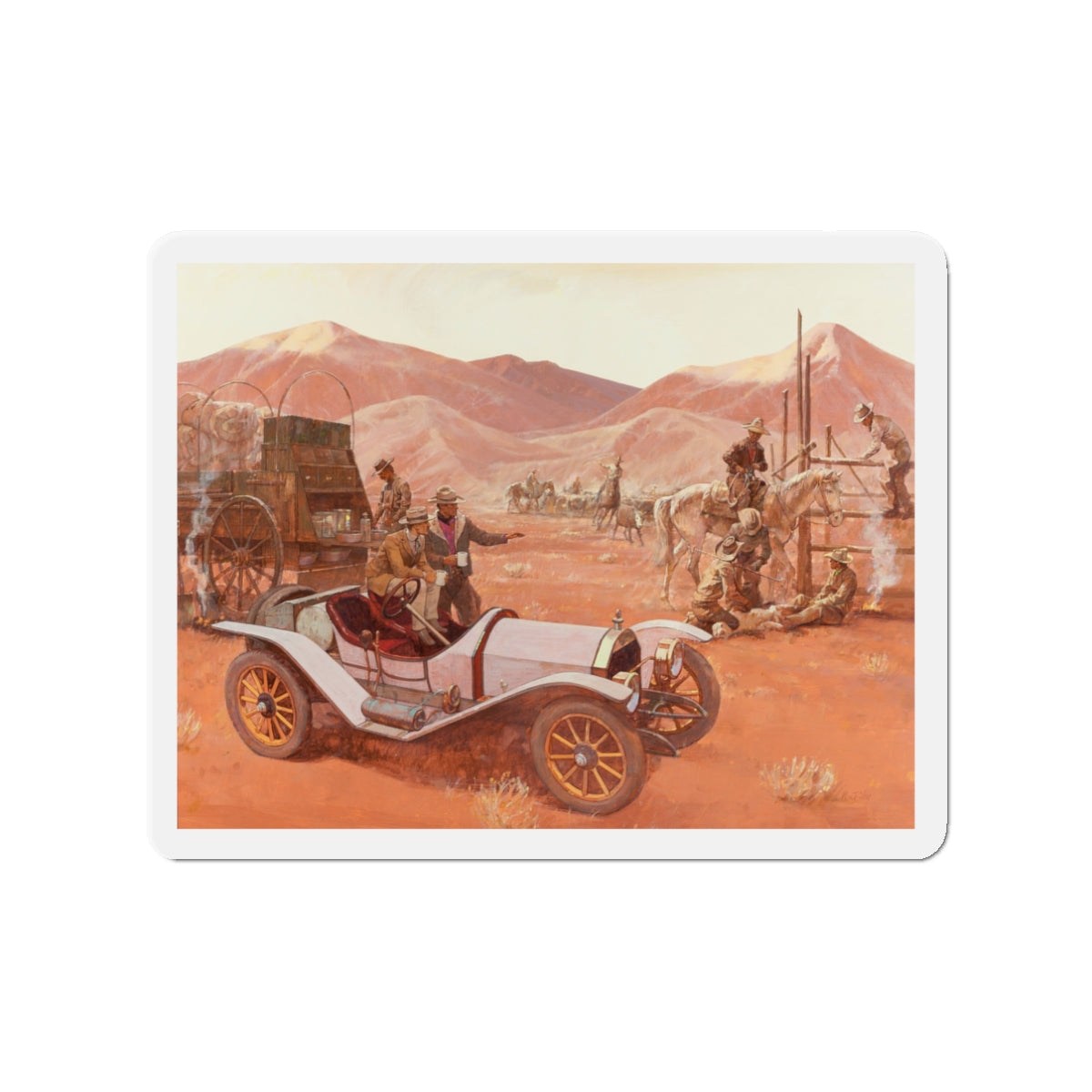 Morning Coffee, 1912 Moon Raceabout, Great Moments in Early American Motoring, 1971 (Magazine Illustration) Refrigerator Magnet-3" x 3"-The Sticker Space