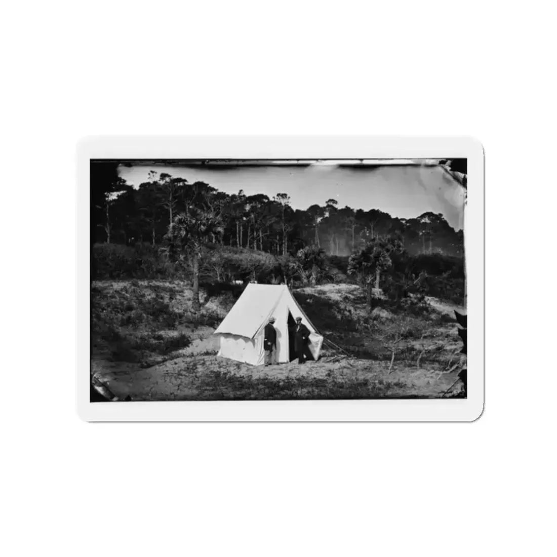Morris Island, South Carolina. Two Men In Front Of Tent (U.S. Civil War) Refrigerator Magnet 2 Inch Die-Cut - The Sticker Space