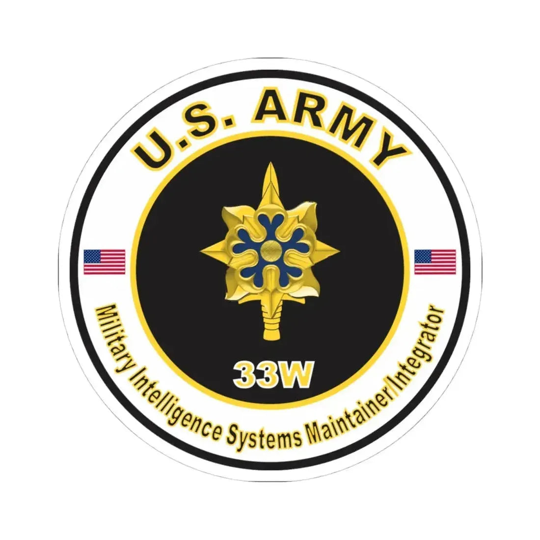 MOS 33W Military Intelligence Systems Maintainer Integrator (U.S. Army) STICKER Vinyl Kiss-Cut Decal 4 Inch White - The Sticker Space