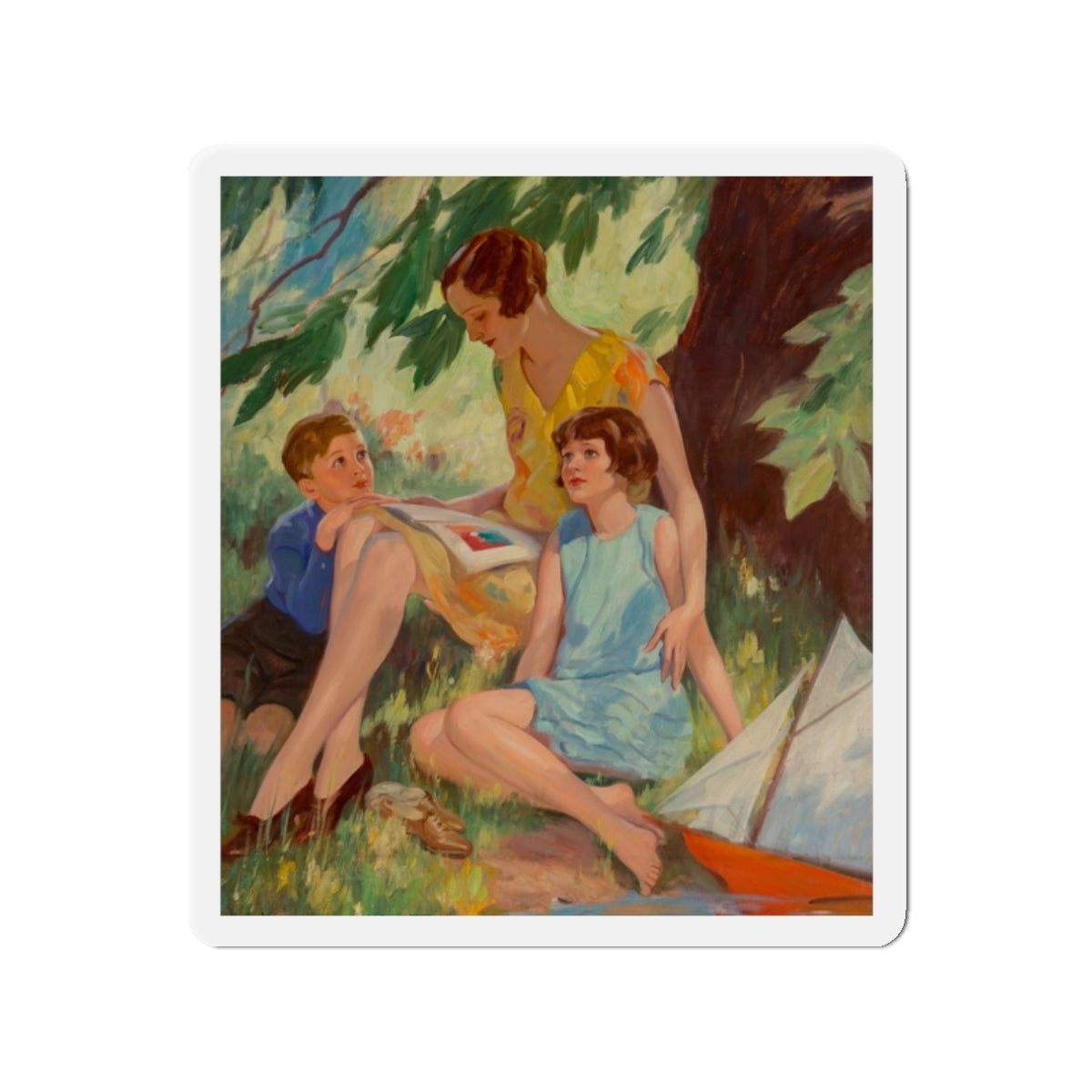 Mother and Children Under a Tree (Magazine Illustration) Refrigerator Magnet-2" x 2"-The Sticker Space