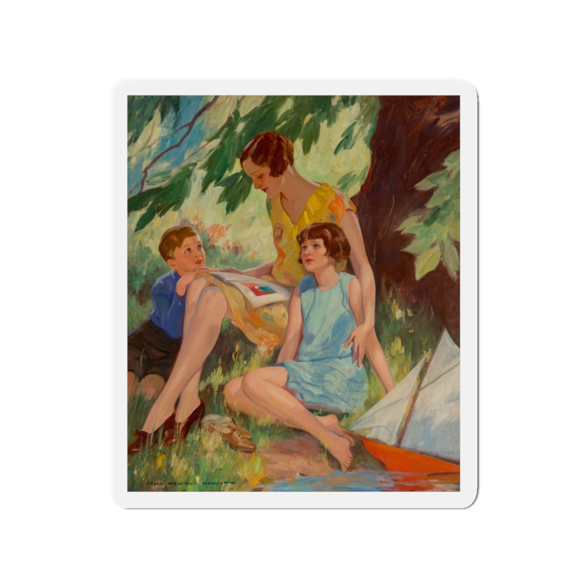 Mother and Children Under a Tree (Magazine Illustration) Refrigerator Magnet-3" x 3"-The Sticker Space