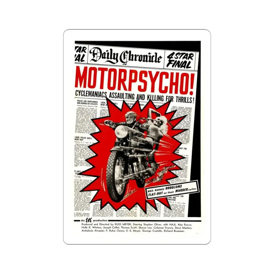 Motor Psycho 1965 Movie Poster - STICKER Vinyl Kiss-Cut Decal 6 Inch White - The Sticker Space