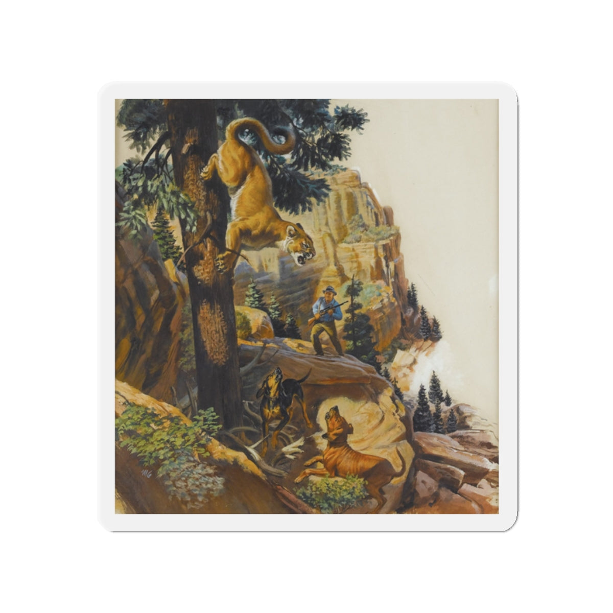 Mountain Lion Hunt, original magazine illustration, May 1957 (Magazine Illustration) Refrigerator Magnet-2" x 2"-The Sticker Space