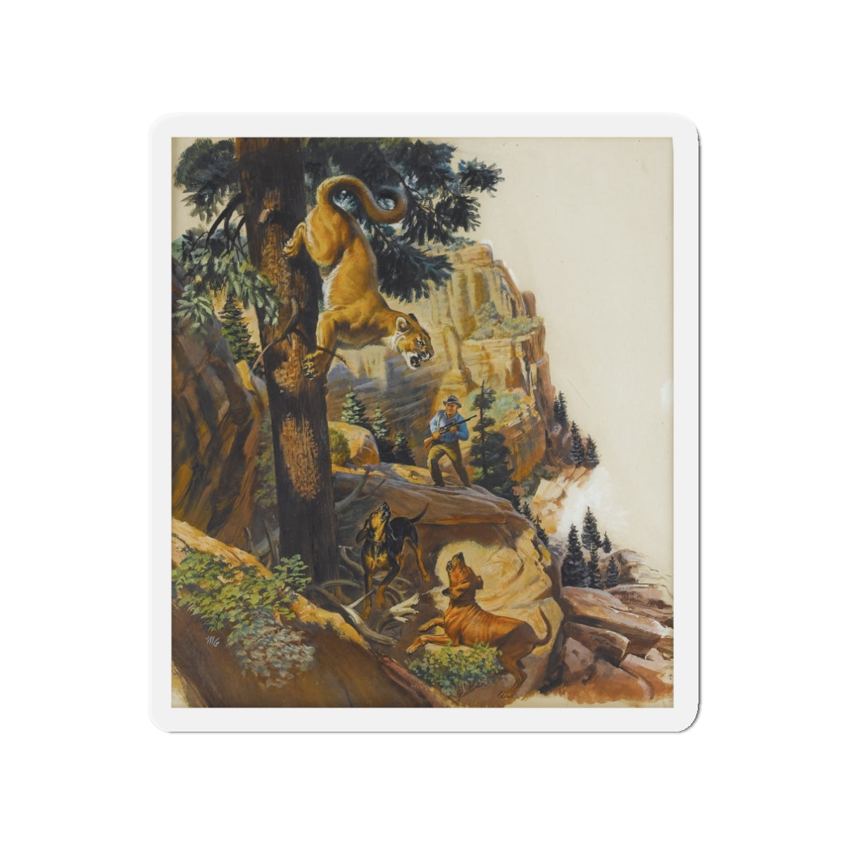 Mountain Lion Hunt, original magazine illustration, May 1957 (Magazine Illustration) Refrigerator Magnet-3" x 3"-The Sticker Space