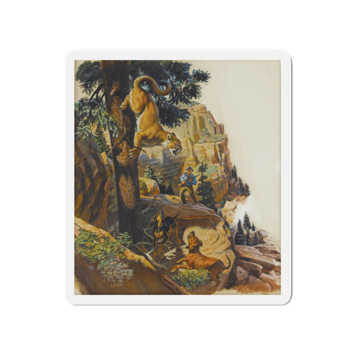 Mountain Lion Hunt, original magazine illustration, May 1957 (Magazine Illustration) Refrigerator Magnet-4" x 4"-The Sticker Space