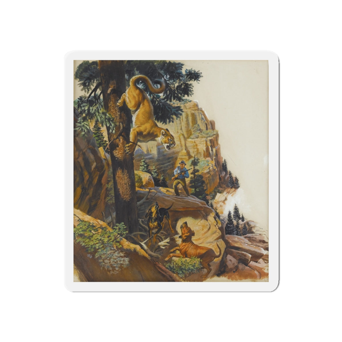 Mountain Lion Hunt, original magazine illustration, May 1957 (Magazine Illustration) Refrigerator Magnet-5" x 5"-The Sticker Space