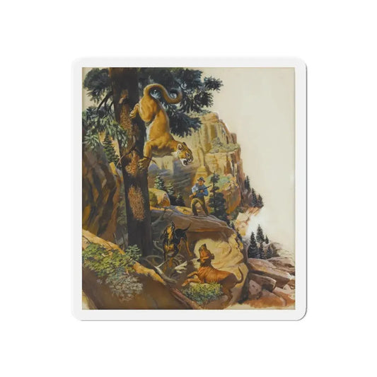 Mountain Lion Hunt, original magazine illustration, May 1957 (Magazine Illustration) Refrigerator Magnet 6 Inch - The Sticker Space
