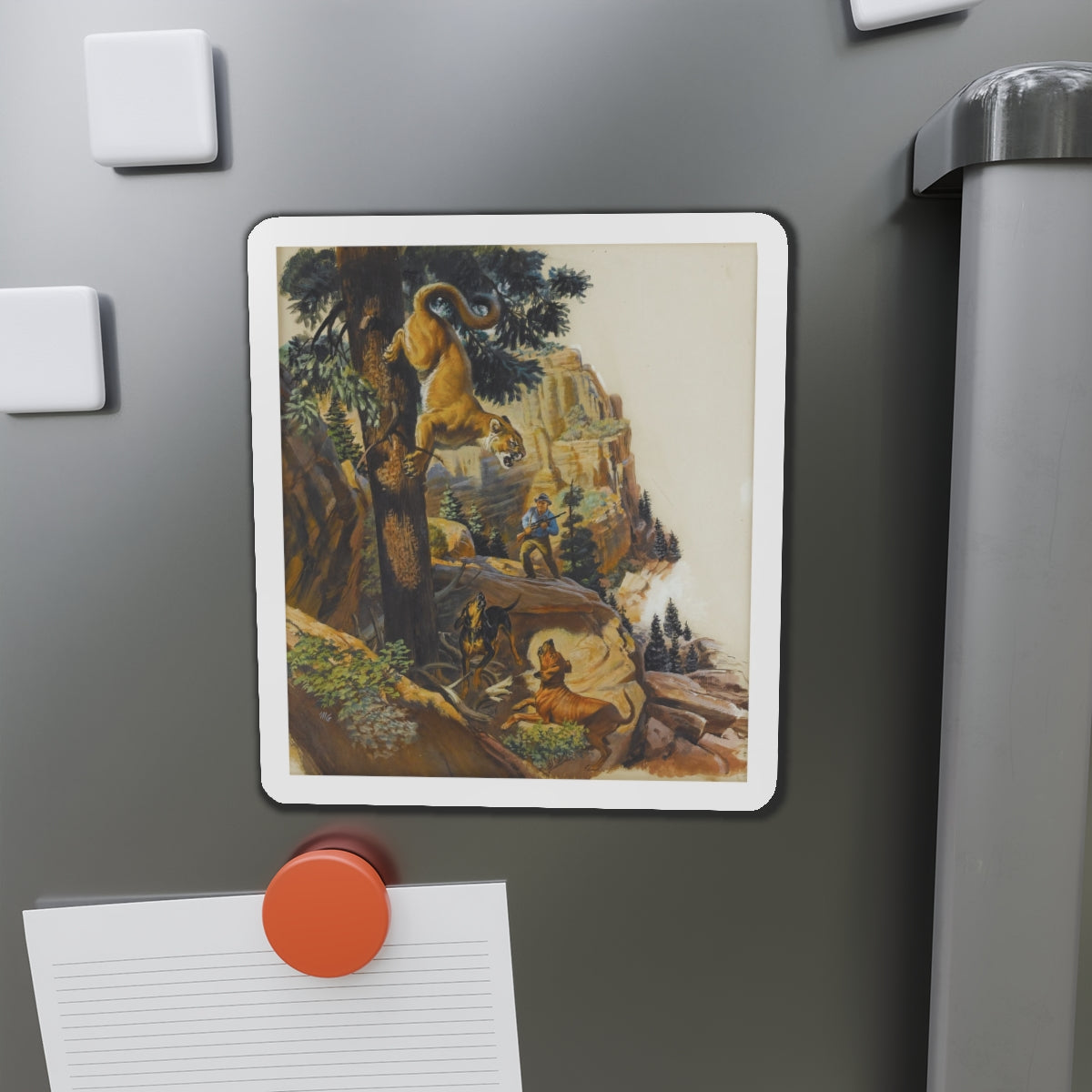 Mountain Lion Hunt, original magazine illustration, May 1957 (Magazine Illustration) Refrigerator Magnet-The Sticker Space